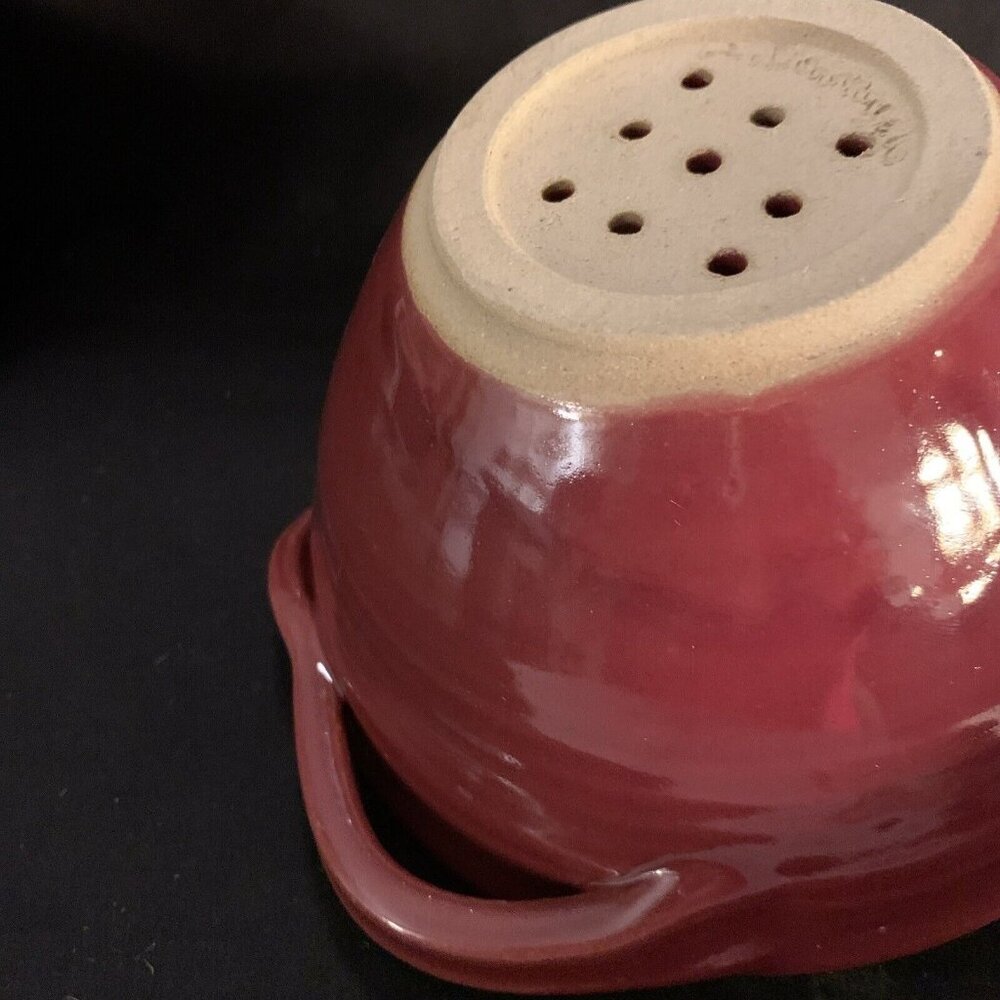 2 PC Handmade Maroon Stoneware Colander Leaf Handles Under Dish Janet Donnangelo - Picture 8 of 16